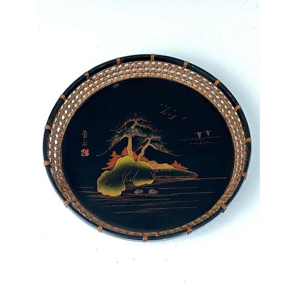 Vintage Japanese Lacquered Hand Painted Wooden Tray with Wicker Sides DR1647 - Picture 1 of 9